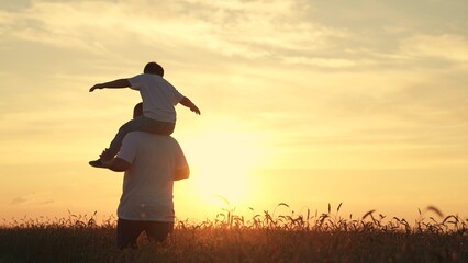 Happy child, father play on field of ripening wheat. Little son on shoulders of his father. Boy dad...