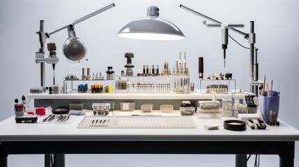 A precision set of scale modeling tools arranged on a clean, white surface, reflecting the glow of overhead studio lights