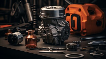 A pristine oil filter against a backdrop of tools, the cleanliness and precision echoing the commitment to engine health and longevity - obrazy, fototapety, plakaty