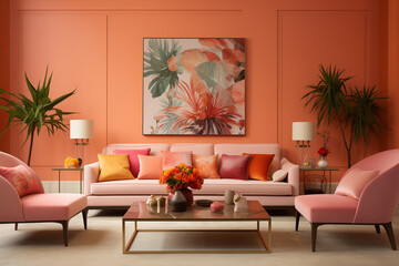 Luxury living room in house with modern interior design. Peach sofa with pillows, coffee table and chairs,  decoration, green palm plants, lamps and elegant accessories