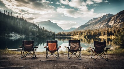A row of lightweight, high-performance camping chairs set up near a tranquil alpine lake,...