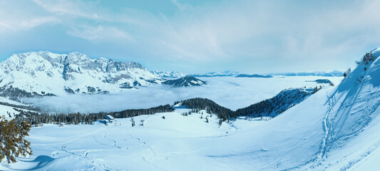 Fototapeta na wymiar Cloudy winter mountain panorama (Hochkoenig region, Austria).