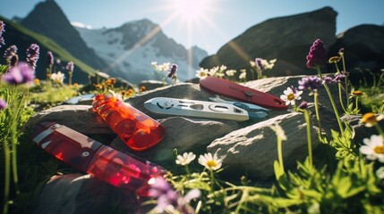 A selection of multi-tools and Swiss army knives displayed on a smooth, flat stone, catching the glint of sunlight amidst alpine flora