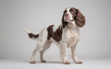 Perro de raza  Springer Spaniel, de pie, mirando a la izquierda, sobre fondo blanco  