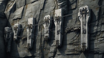 A series of heavy-duty climbing anchors and bolts embedded in sheer rock faces, emphasizing strength and reliability