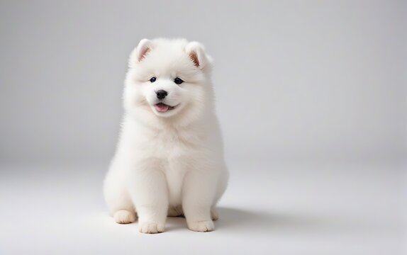 Cachorro de raza Samoyedo, sentado, mirando a la izquierda, sobre fondo blanco