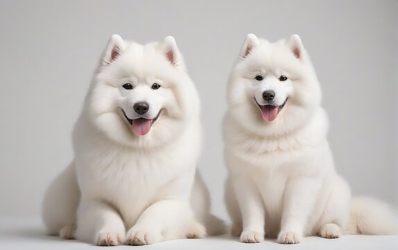 Perros de raza Samoyedo, sentados, mirando al frente, sobre fondo blanco