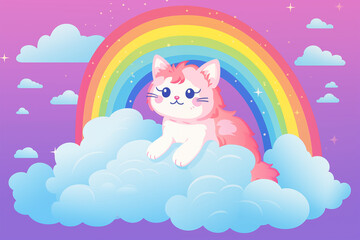 Pink cat on the clouds with rainbow for kids