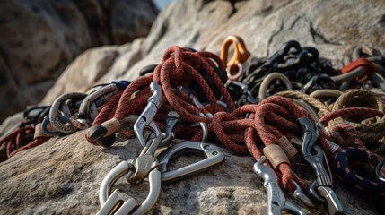 A set of rugged, weather-worn climbing ropes and carabiners arranged neatly against a rocky backdrop, ready for the ascent