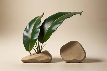 Podium for product presentation with stones and tropical leaves on background.