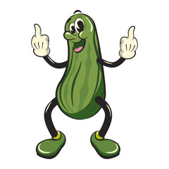 vintage character mascot illustration of cucumber raising both hands while showing the middle finger