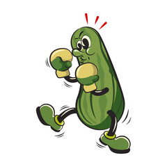 vintage character mascot illustration of a cucumber boxing with boxing gloves