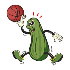 vintage character mascot illustration of a cool stylized cucumber throwing a basketball by jumping
