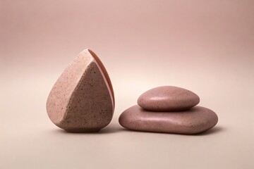 Fototapeta premium Podium for product presentation with stones and tropical leaves in peach fuzz tones background.