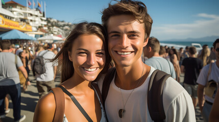 young couple smiling for a selfie photo on the beach