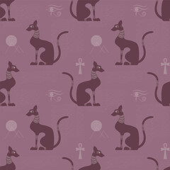 Naklejka premium Egyptian decorated cat shape silhouette sitting. Seamless pattern. Vector illustration.