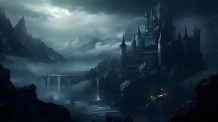 Obraz premium Hogwarts looking castle on epic mountain - Generative AI