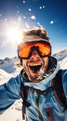 Fototapeta na wymiar Joyful Snowboarder on Mountain Slope