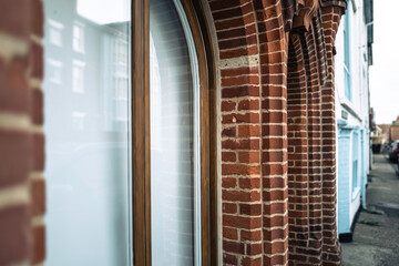 Shallow focus of an arched brick pillar located of the outside of commercial offices down a narrow...