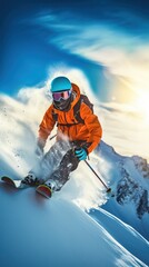 Fototapeta na wymiar Skier in Action on Mountain Slope