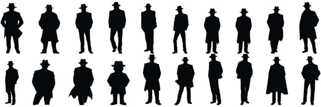 Retro mafia silhouettes set, large pack of vector silhouette design, isolated white background