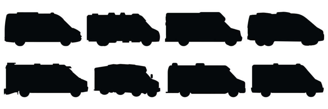 Car Delivery Caego Silhouettes Set, Large Pack Of Vector Silhouette Design, Isolated White Background