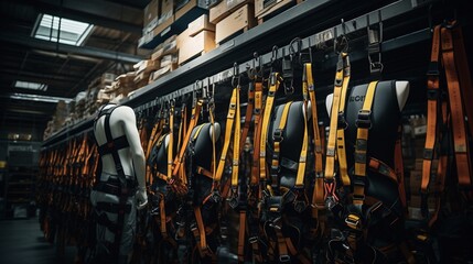 In a well-lit warehouse, a line of safety harnesses hangs gracefully, their sturdy straps suggesting reliability in the face of challenging environments - obrazy, fototapety, plakaty