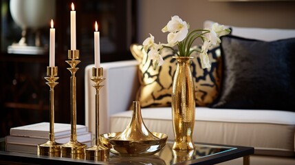 Nestled among lavish furnishings, a gleaming gold candlestick commands attention with its elegant design and captivating allure
