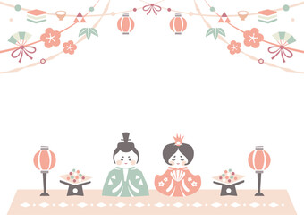 ひな祭りの背景フレーム お雛様と雛飾りの和風イラスト枠