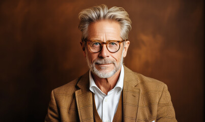 Obraz premium Distinguished older gentleman with glasses wearing a stylish tweed jacket and crisp white shirt, exuding sophistication against a brown background