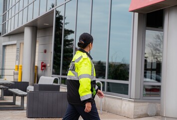 Security guard conducting access control, traffic control, and parking enforcement duties around a community building.