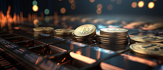 Gold bit coins with colorful up and down data graphics and cinematic reflections