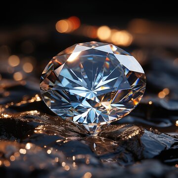 Shiny gemstone diamond. Realistic illustration of a diamond, studio shooting. Realistic crystal illustration. Gemstone for jewelry close-up. Shining diamond on a black background. Generative ai.