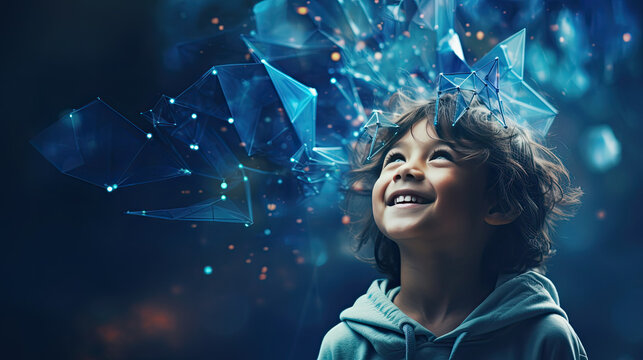 Happy smiling child interacting and manifesting in the quantum field amid the stars