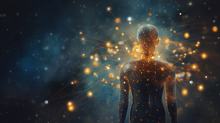 Human form surrounded by blue and gold particles of manifestation energy gathering around the head in space 