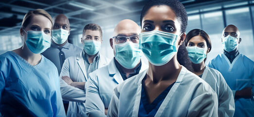 multiethnic medical doctors in masks and medical hats looking at camera, standing in row one by one - obrazy, fototapety, plakaty