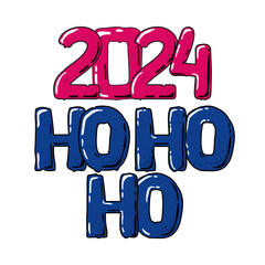 Happy New Year 2024 Ho Ho Ho lettering in groovy style for greeting card, poster, sticker. Hand drown red and blue vector word isolated on white background. Winter greeting typography. Holiday quote.