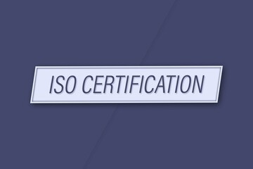 ISO certification. A banner illustration with blue text, isolated on a blue background.