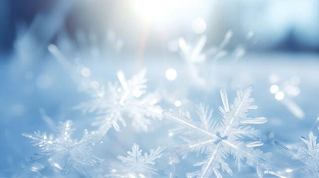 Pure white snowflakes sparkling in the sunlight banner 