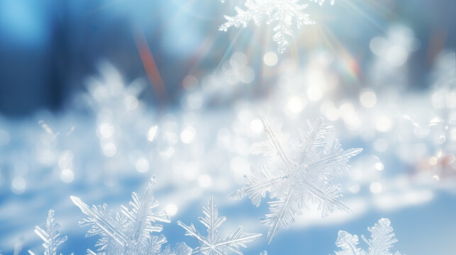 Pure white snowflakes sparkling in the sunlight banner 