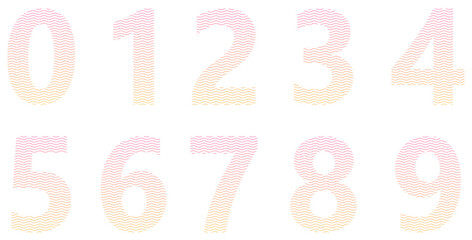 Set of orange and pink numbers isolated on white. Alphabet with numbers. Vector graphic elements for design. Lines, wavy lines