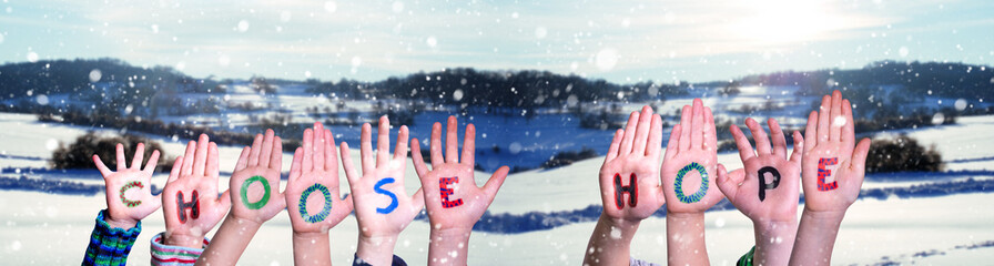Children Hands Building Word Choose Hope, Winter Background