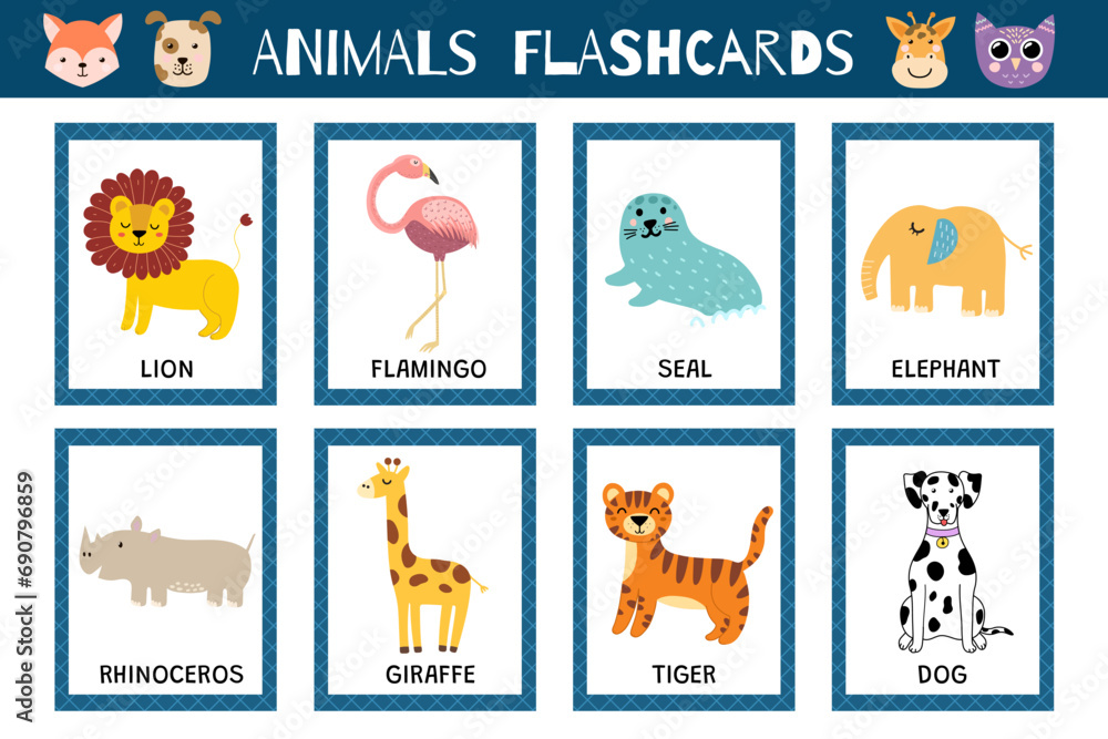 Wall mural animals flashcards collection for kids. flash cards set with cute characters for practicing reading 