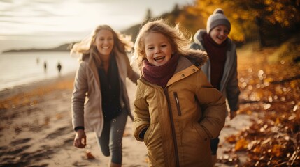 a family laughing exuberantly. A beautiful autumnal baltic beach in the background. sand and foliage is glowing golden. sunny autumn day in October. Natural, diffuse sunlight. movement. Blur. Scattere - obrazy, fototapety, plakaty