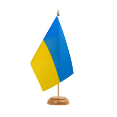 Ukraine Flag, small wooden ukrainian table flag, isolated, alpha channel transparency, png