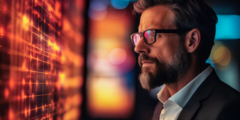 Thoughtful Bearded Businessman in Glasses Interacting with Futuristic Digital Data Analysis Projection