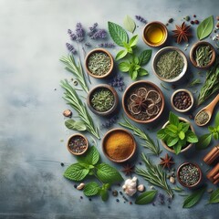 Assorted Herbs and Spices on a Blue-Grey Background with Copy space. Top-view of herbs presented on table. - obrazy, fototapety, plakaty