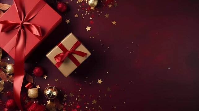Top view of red giftbox with golden ribbin with christmas and decorated and light.christmas banner.