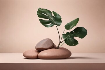 Podium for product presentation with stones and tropical leaves in peach fuzz tones background.