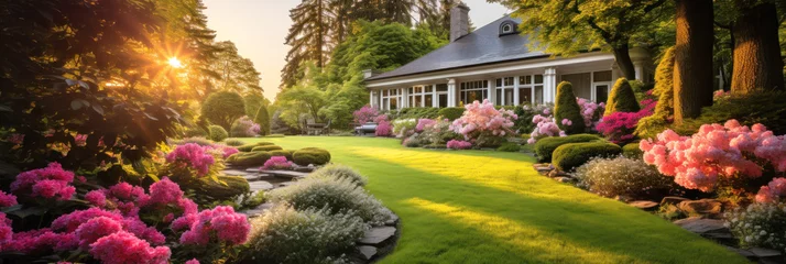 Tuinposter Panoramic view of home garden at sunset, upscale landscaped house backyard in summer. Scenery of lawn, flowers and green plants. Concept of banner, landscaping, nature, luxury design © scaliger